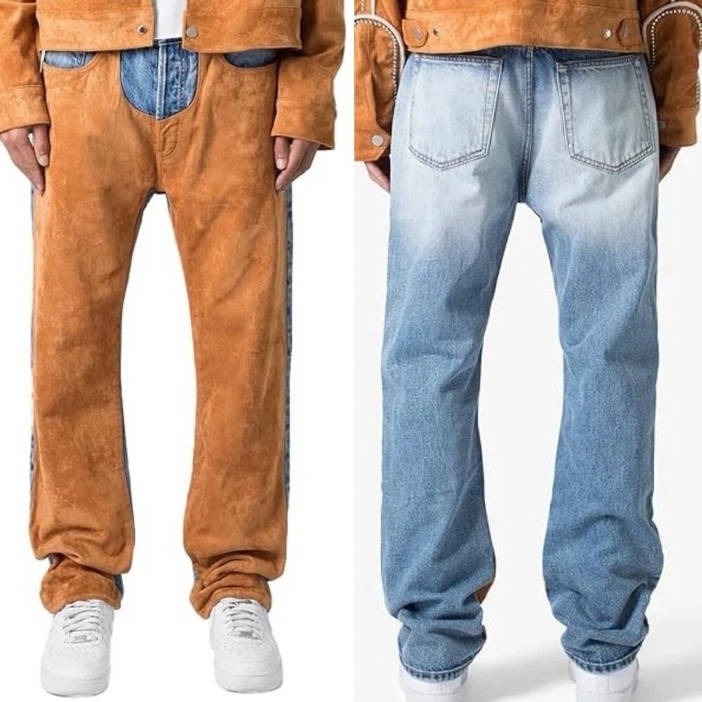 MNML Western Baggy Denim Jeans Men’s 40x34 Faux Suede Chap Front Button Fly NWT